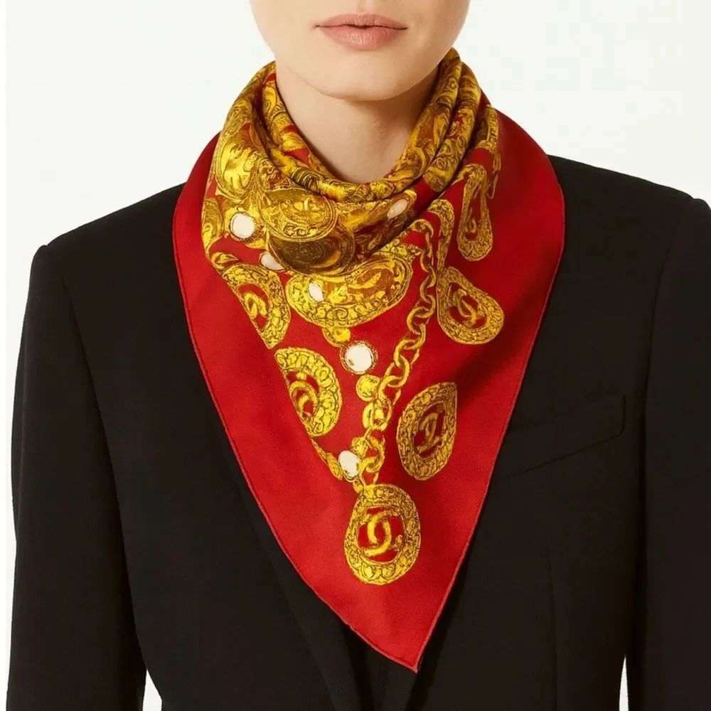 CHANEL Vintage CC Logo Jewelry Pattern Red & Gold Scarf
